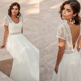 White Wedding Dress For Women Brides 2023 Simple Boho Chiffon Floor Length Robe De Mariee Short Sleeve Backless Bohemian