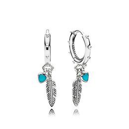 Turquoise Hearts and Feather Hoop Earrings for Pandora Authentic Sterling Silver Party Jewellery For Women Girlfriend Gift designer Earring set with Original Box