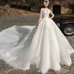 Long Sleeves Wedding Dresses Bridal Gown Jewel Neck Lace Applique Sweep Train Custom Made Tulle Beach Plus Size Vestido De Novia 328 328