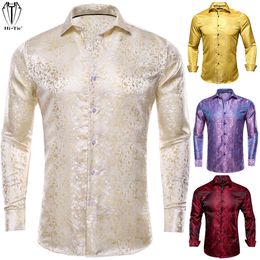 Men's Casual Shirts Dropship Woven Silk Mens Long Sleeve Slim Fit Purple Red Gold Blue Black Grey Brown Silver Shirt For Men High Quality 230227