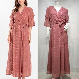 Ethnic Clothing Maxi Dress For Women Wrap V Neck Print Gold Middle East Duabi Turkey Arabic Plus Size Long Robe Islamic 2023