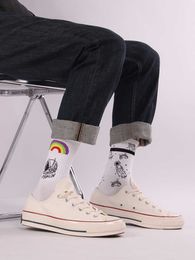 Men's Socks Popular INS Harajuku Cartoon Astronaut Men's SOCKS Rainbow Street Personality Hiphop Embroidered Girl in the Stockings Z0227