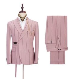 Men's Suits Blazers Costume Homme Fashion Wide Stripe Wedding Men Suits With Belt Party Prom Slim Fit Tuxedo Groom Terno Masculino Blazer 2 Pcs 230227