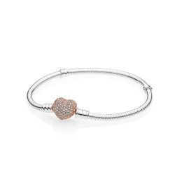 Kettenarmbänder Originalverpackung für Pandora 925 Sterling Silber Damen Hochzeitsschmuck 18 Karat Roségold CZ Pave Herzverschluss