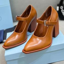 for women Designer Classic triangle buckle womens high heeled dress shoes Fashion Ankle Strap Genuine Leather platform heel size35-42