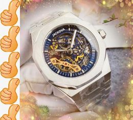 Hollow Skeleton Dail Mechanical Automatic Movement Watches Luxury Fashion Mens Full Stainless Steel Band Clock Rose Gold Silver Black Blue Leisure Wrist Watch