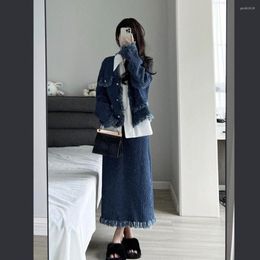 Work Dresses Autumn Women's Skirt Suits 2023 Small Fragrant Wind Burrs Denim Jackets High Waist Mid-Long Skirts Ladies Two-piece Sets