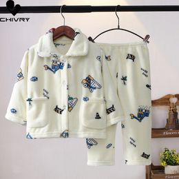 Pyjamas Kids Boys Girls Autumn Winter Flannel Pyjama Sets Cartoon Print Long Sleeve Lapel Tops with Pants Sleeping Clothing Sets 230227