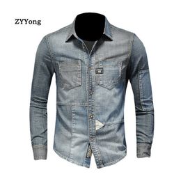 Men's Casual Shirts ZYYong Lapel Long Sleeve Patch Stitching Denim Retro Blue Bomber Thin Coat 230227 230227