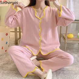 Women's Sleepwear Pyjama Sets Women Basic Stylish Comfortable Sweet Wavy-cut Lacework Single Breasted Cotton Loose Pyjamas Sleepwear Long Sleeve 230227