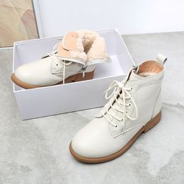 Boots Corium Booties Women's Ankle Large Size winter flat with cashmere leather Spring and autumn boots warm cotton shoes 230227