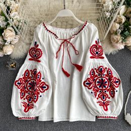 Women's Blouses Shirts Retro Blouse National Style Embroidered Lace-Up Tassel V-Neck Lantern Sleeve Tops Loose All-Match Female Blusa GK536 230227