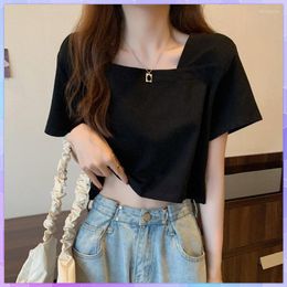 Women's T Shirts Vintage Crop Tops Goth T-shirt Women Square Neck Short-Sleeve T-shirts Gothic Streetwear Sexy Female High Waist Solid Loose