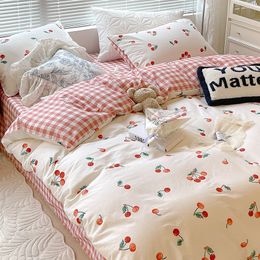 Bedding sets Kawaii Cherry Hearts Bedding Set For Home Cotton Twin Full Queen Size Cute Double Bed Fitted Bed Sheet Pillowcases Duvet Cover 230227