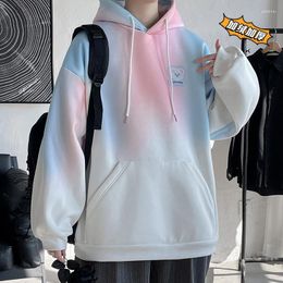Men's Hoodies 2023 Patchwork Bear Contrast Gradient Colour Pullovers Korean Fashion Classic Baggy Sweatshirt Women/Men Pink Hoodie