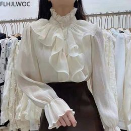 Women's Blouses Shirts Spring Autumn Basic Women Fashion Long Sleeve Elegant Office Lady Work Solid White Ruffled Chic Tops Blusas 230227
