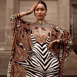 Ethnic Clothing African Dresses for Women Plus Size Zebra Printed Dashiki Elegant Ladies Gown Muslim Abaya Kaftan Bat Sleeve Vneck Robes 230227