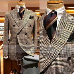 Men's Suits Blazers Tweed Wool Houndstooth Men Wide Lapel Jacket 2 Pcs Double Breasted Coat Business Blazer Wedding Dinner Party Gowns 230227