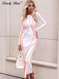 Casual Dresses Stripe Womens Dress Sexy Bodycon Hip Package Midi Dresses Female 2023 Spring White Oneck Long Sleeve Party Club Lady Vestidos 230227