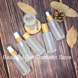 Storage Bottles Nature Eco-friendly Luxury Custom Bamboo Lid Frosted Glass Skincare Cosmetic Bottle 30ml Skin Care Lotion