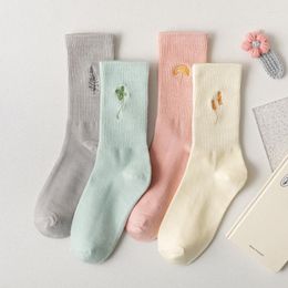 Women Socks LUCKY ZONE 4 Pairs/Lot Solid Color Cotton 2023 Style For Spring Comfortable Embroidery Cute ZZZ