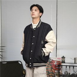 Men's Jackets Somethork 22SS Japanese American Vintage Contrast Denim Paneled Baseball Jersey Jacket With Cotton