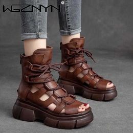 Sandals NEW Genuine PU Leather Sandals for Women with New Summer Hollowedout Roman Sandals Sponge Cake Thicksoled Fish Mouth Cool Boot Z0224