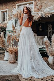 2023 Bohemian Beach Langes Hochzeitskleid sexy Rückenless Chiffon Lace A-Line Brautkleid Sommer Country Bride Kleider Fee Outdoor Robe de Mariage