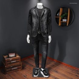 Mens Jackets Fashion Men Autumn Suit Collar Business Casual Cargo Jacket Slim Fit Vintage Denim Office Work Jean Outwear Coat 4XL