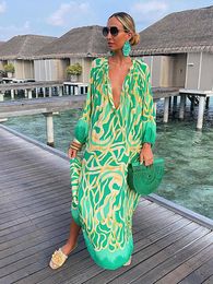 Women Vintage Maxi Dresses Summer Sexy Deep V-Neck Long Sleeve Boho Print Long Dresses Female Beach Cover Up Elegant Robe