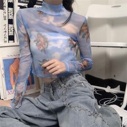 Women's T Shirts Goth Lady Angle Long Sleeve Sun Protect Black Blue Mesh T-shirt Female Transparent Sexy Short Length Harajuku Crop Top