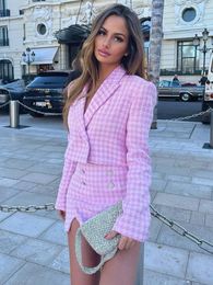 Womens Two Piece Pants Shorts Sets Elegant Houndstooth Tweed Set Cropped Blazer And High Waist Skort False Bejewelled Button 2 Suit 230227