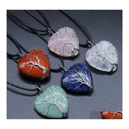 car dvr Pendant Necklaces Fashion Sier Plated Heart Tree Of Life Healing Crystal Necklace Opal Turquoise Natural Stone Pink Quartz Chakra Je Dhjga