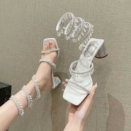 Sandals 2023 Summer Fashion Snake Wrap Women Sandals Rhinestone Pendant Banquet Chunky High Heel Sandals Wedding Shoes Z0224