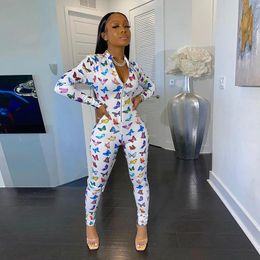 Women's Jumpsuits Butterfly Print Zipper Full Sleeve Jumpsuit Women Tracksuit Overalls Fitness Casual Outfit Skinny Elastic Hight Clothes &