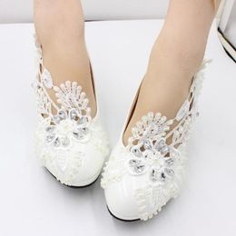 Dress Shoes High Heel Lace Lady's Wedding White Round Head Bridal Large Size Women's Waterproof Platform 1cm BH2108