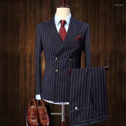 Men's Suits Men's 2 Pieces Vintage Double Breasted Suit Navy Blue Stripe Terno Slim Fit Large Lapels Wedding Groom Tuxedo Tailcoat