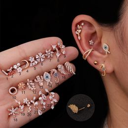 1Pc Rose gold Stainless Steel Helix Fashion Animal Plant Cz Ear Lobe Tragus Daith Cartilage Screw Back Earring Stud