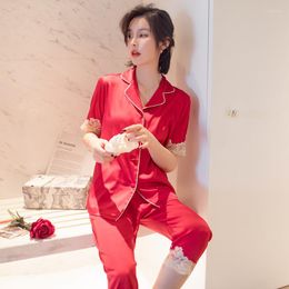 Women's Sleepwear 2023 Summer 2PCS Female Home Suit Lace Trim Pyjama Sets Turn-down Collar Autumn Pyjama Loose Nightwear M-XXL