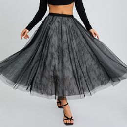 Skirts Puloru Grunge Punk Black Tulle Lace Mesh Women Elastic Waist Flared Pleated Spring Fall Summer A-Line Midi