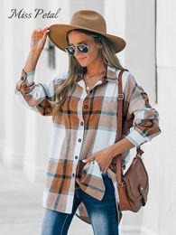 Women's Blouses Shirts MISS PETAL Brown Plaid Long Sleeve Blouse For Woman Casual Button Up Top Spring Autumn Streetwear 230227