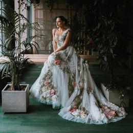 Romantic 3D Flowers Wedding dresses Sheer Neck Boho Garden Gown Dresses Sexy Open Back Cap Sleeve Tulle Reception Dress 2023