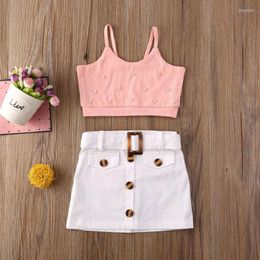 Clothing Sets Pudcoco Kid Baby Girls Sleeveless Patchwork Crop Tops Button Short Skirt Summer Pink White 2pcs Outfit