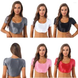 Women's T Shirts Sexy Women Glossy Curved Hem Crop Top Short Sleeve T-shirt Scoop Neck Skintight Midriff Blouse