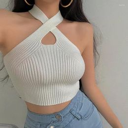 Women's Tanks Summer Sexy Hollow Cropped Top Women Off Shoulder Cross Halter Fashion Solid Knitted Vest Female Casual Camisole Tank Tops