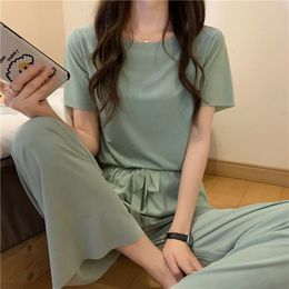 Women's Sleepwear Summer Suit for Women French Solid Colour Ice Silk Sleepwear Pyjamas Two Piece Set Home Wear Nightwear Comfortable Pyjamas 230227