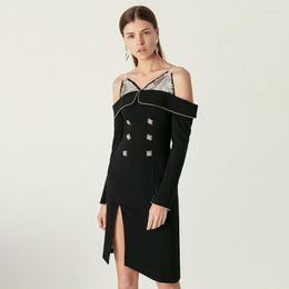 Casual Dresses YIGELILA Arrivals Black Dress Spaghetti Strap Double Breasted Backless Knee Length Full Sleeves 65446