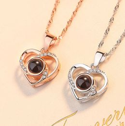 Double layer heart love projection necklace fashion luxury hollowed out 100 languages I love you send my girlfriend