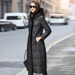 Women's Leather Long Genuine Jacket Women Winter Sheepskin Duck Down Coat Hooded Real For 2023 HQ18-BS18399B KJ2494