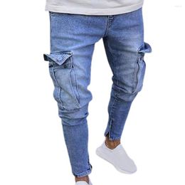 Men's Jeans Deep Crotch Light Blue Multi Pockets Zipper Cuffs Denim Pants For Office